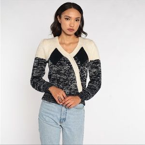 80s Puff Sleeve Sweater Space Dye Color Block Sweater Knit Pullover Cream Black